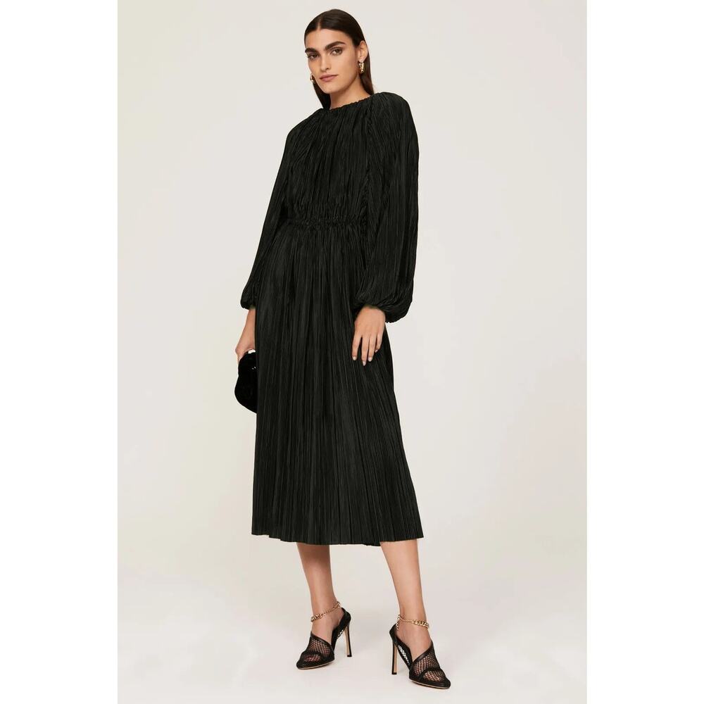 Atlein Pleated Midi Dress Balloon Sleeves Black - XS